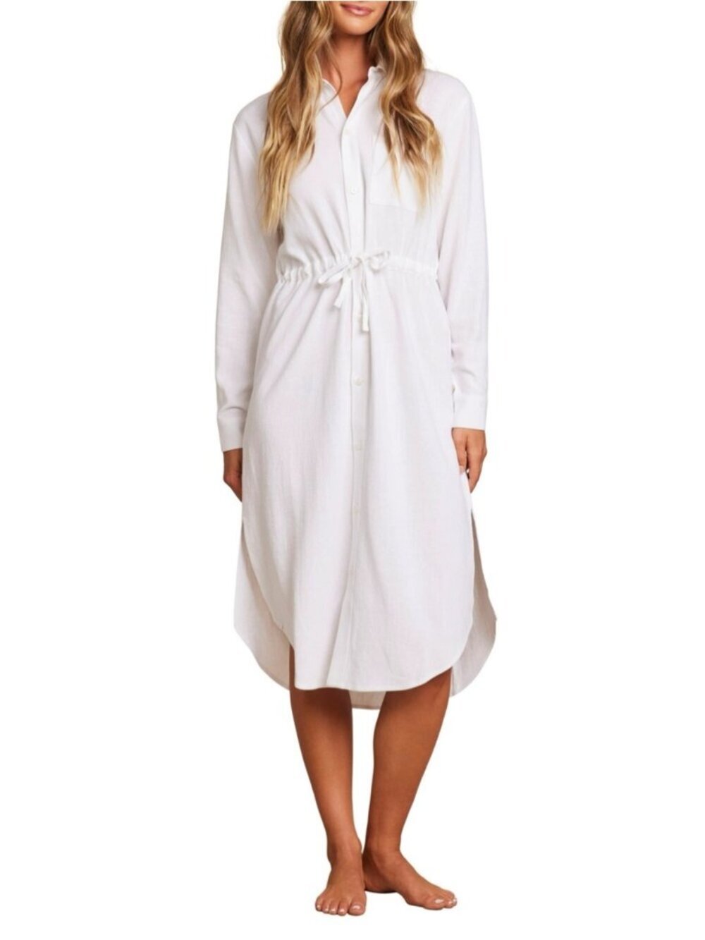 Barefoot Dreams Malibu Collection Long Sleeve Sleep Shirtdress in white - Picture 1 of 8